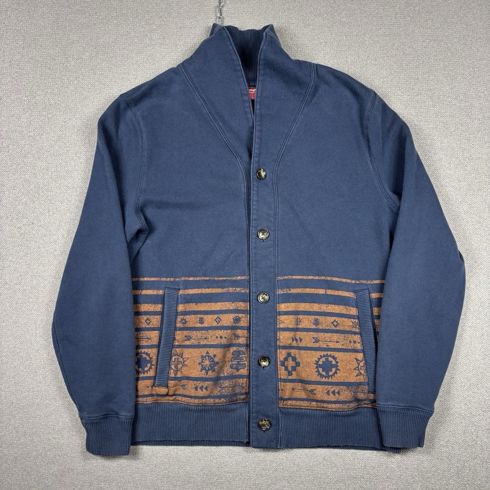 Arizona Jeans Cardigan Shawl Collar Sweater Men's L Blue Western Aztec Print